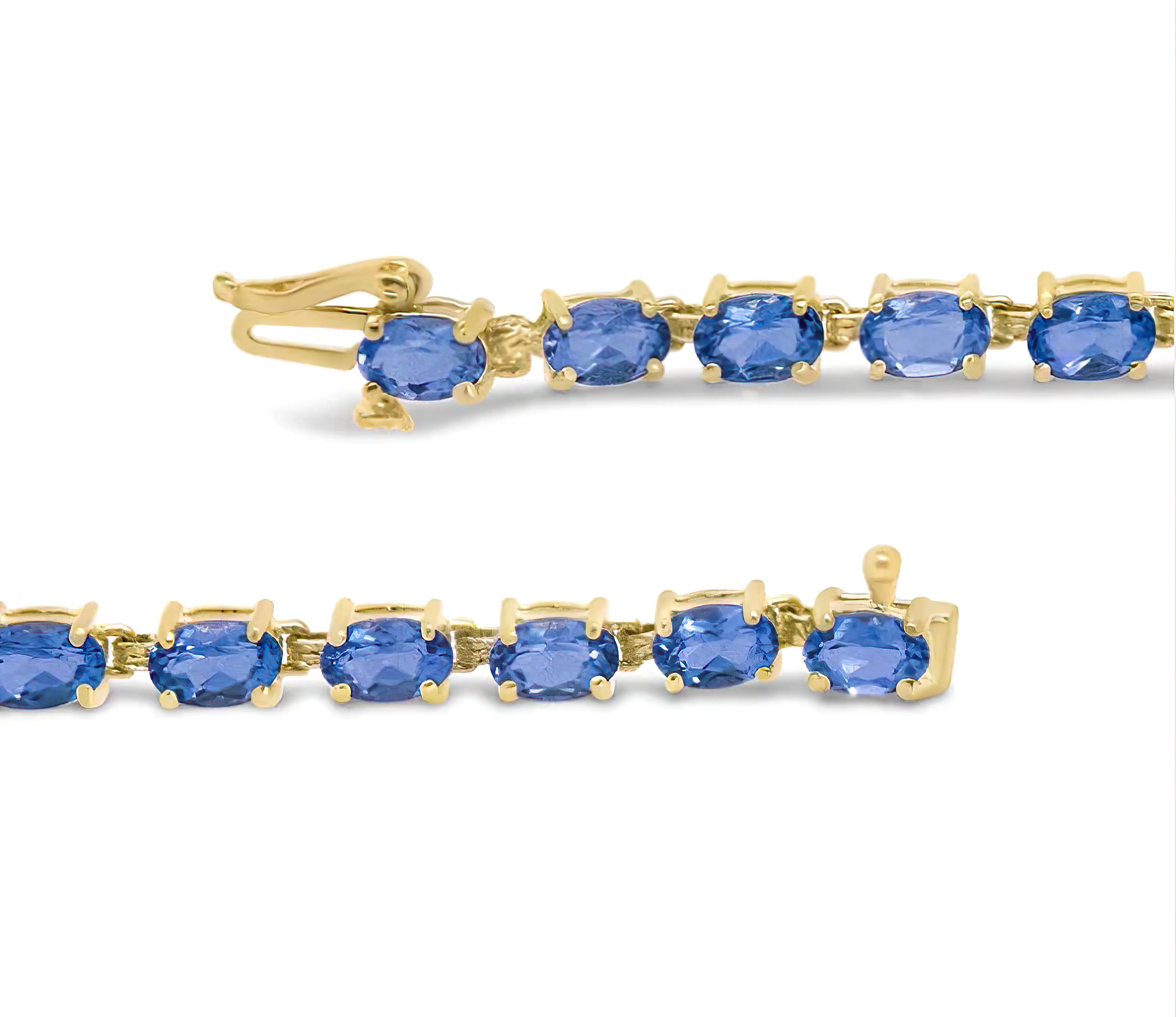 10K Yellow Gold and 4 Prong Set 6X4 MM Blue Topaz Link Tennis Bracelet - Size 7 Inches