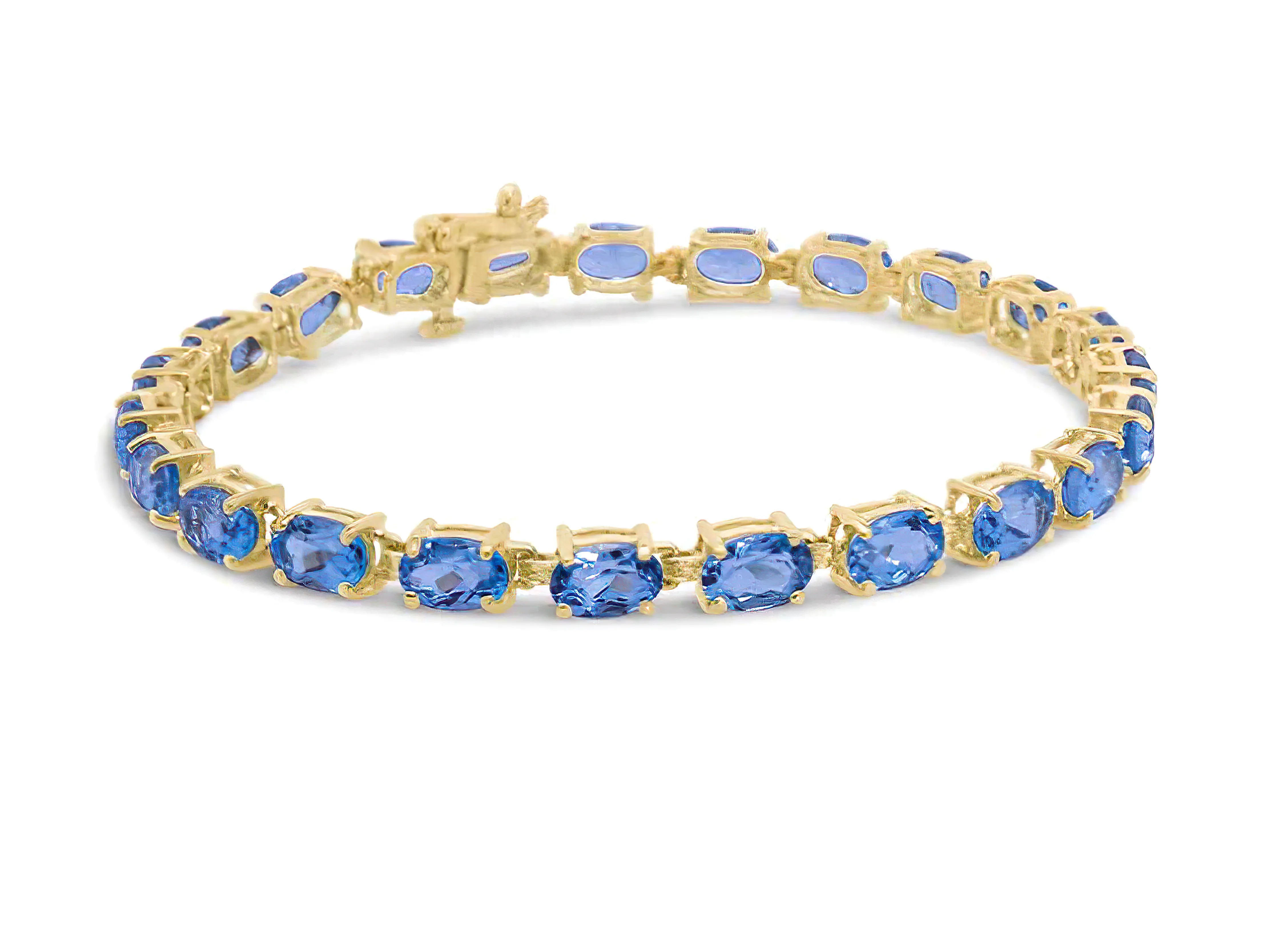 10K Yellow Gold and 4 Prong Set 6X4 MM Blue Topaz Link Tennis Bracelet - Size 7 Inches