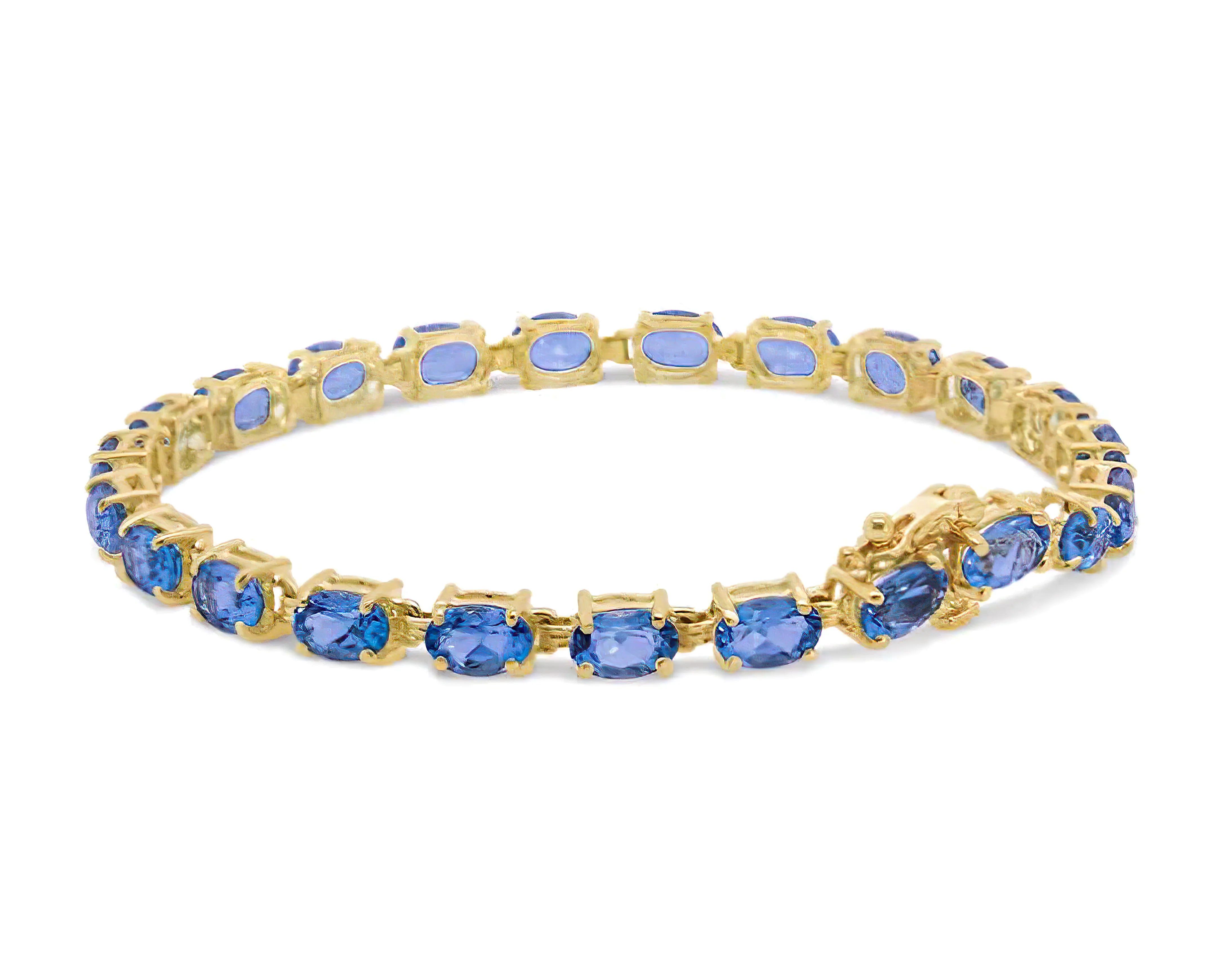 10K Yellow Gold and 4 Prong Set 6X4 MM Blue Topaz Link Tennis Bracelet - Size 7 Inches