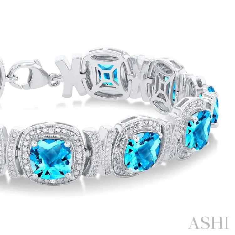 1/10 ctw Cushion Cut 7X7 MM Blue Topaz and Round Cut Diamond Semi Precious Bracelet in Sterling Silver