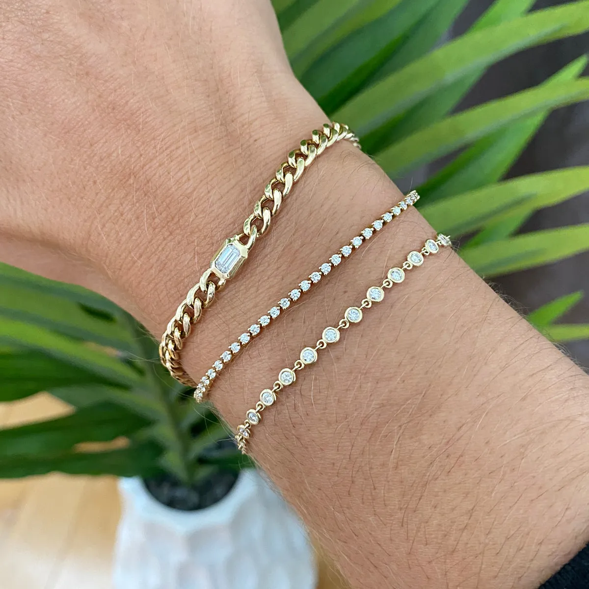 14k Emerald Cut Diamond Medium Curb Chain Bracelet