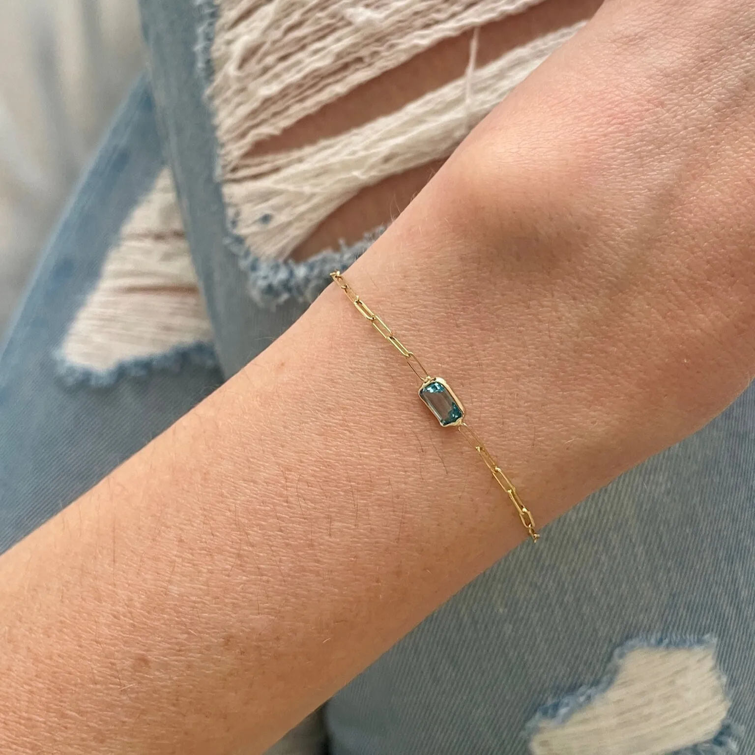 14K Gold & Blue Topaz Paperclip Birthstone Bracelet