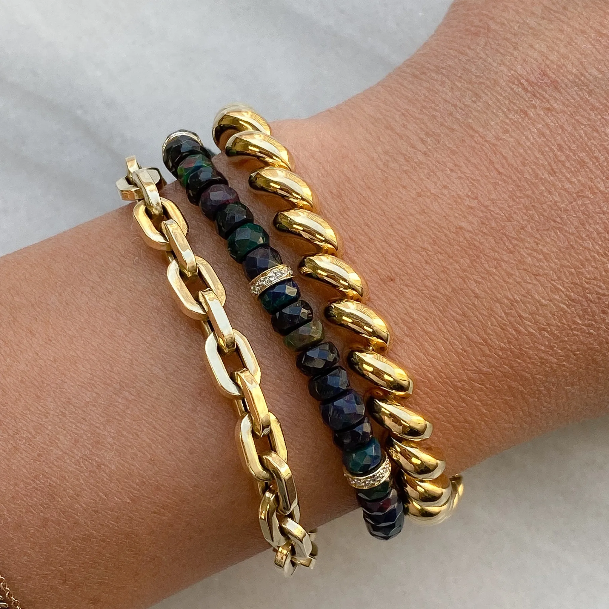 14K Gold Black Opal & Diamond Beaded Bracelet