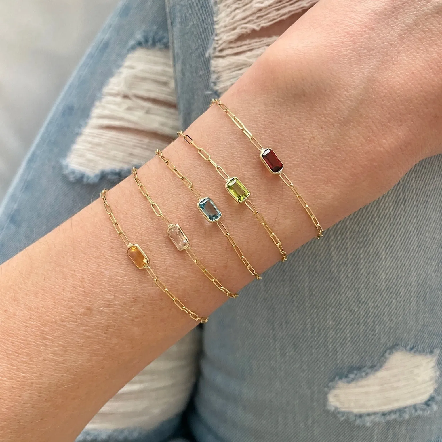 14K Gold Gemstone Paperclip Bracelet