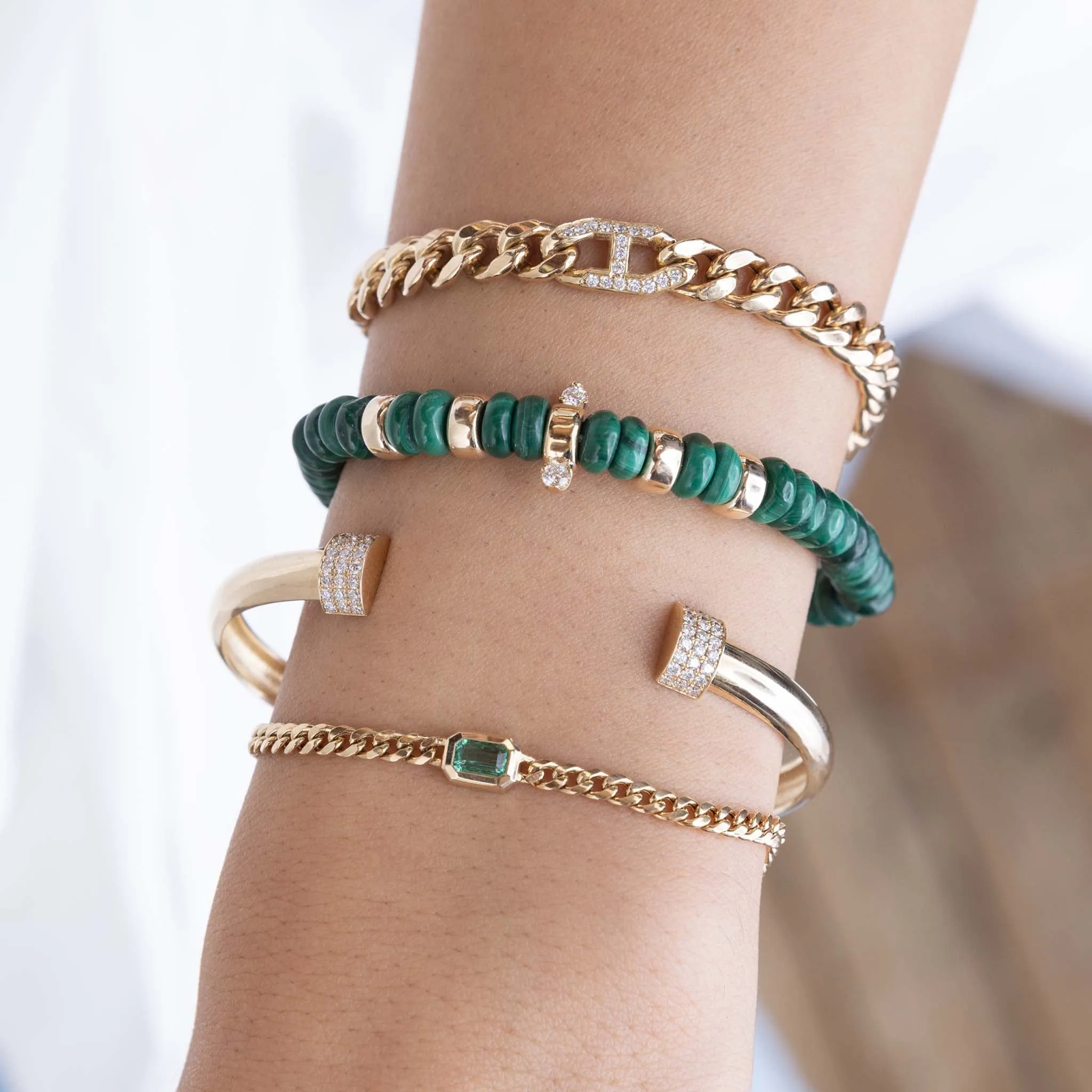 14k Small Curb Chain Emerald Cut Emerald Bezel Bracelet