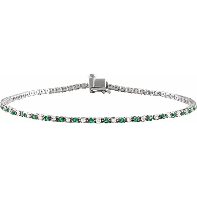 14K White Gold Natural Emerald & 5/8 CTW Natural Diamond Link 7 1/4" Bracelet