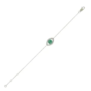 14K White Gold Pave Diamond Emerald Evil Eye Fixed And Flexible Bracelet
