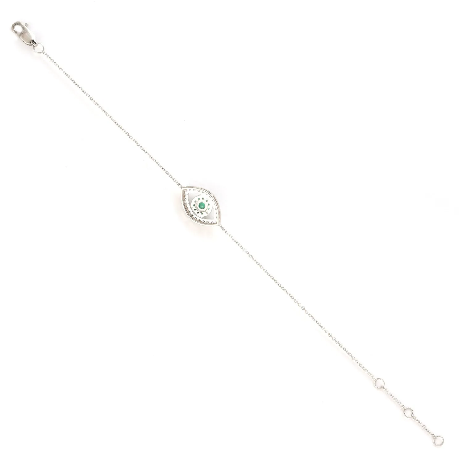 14K White Gold Pave Diamond Emerald Evil Eye Fixed And Flexible Bracelet