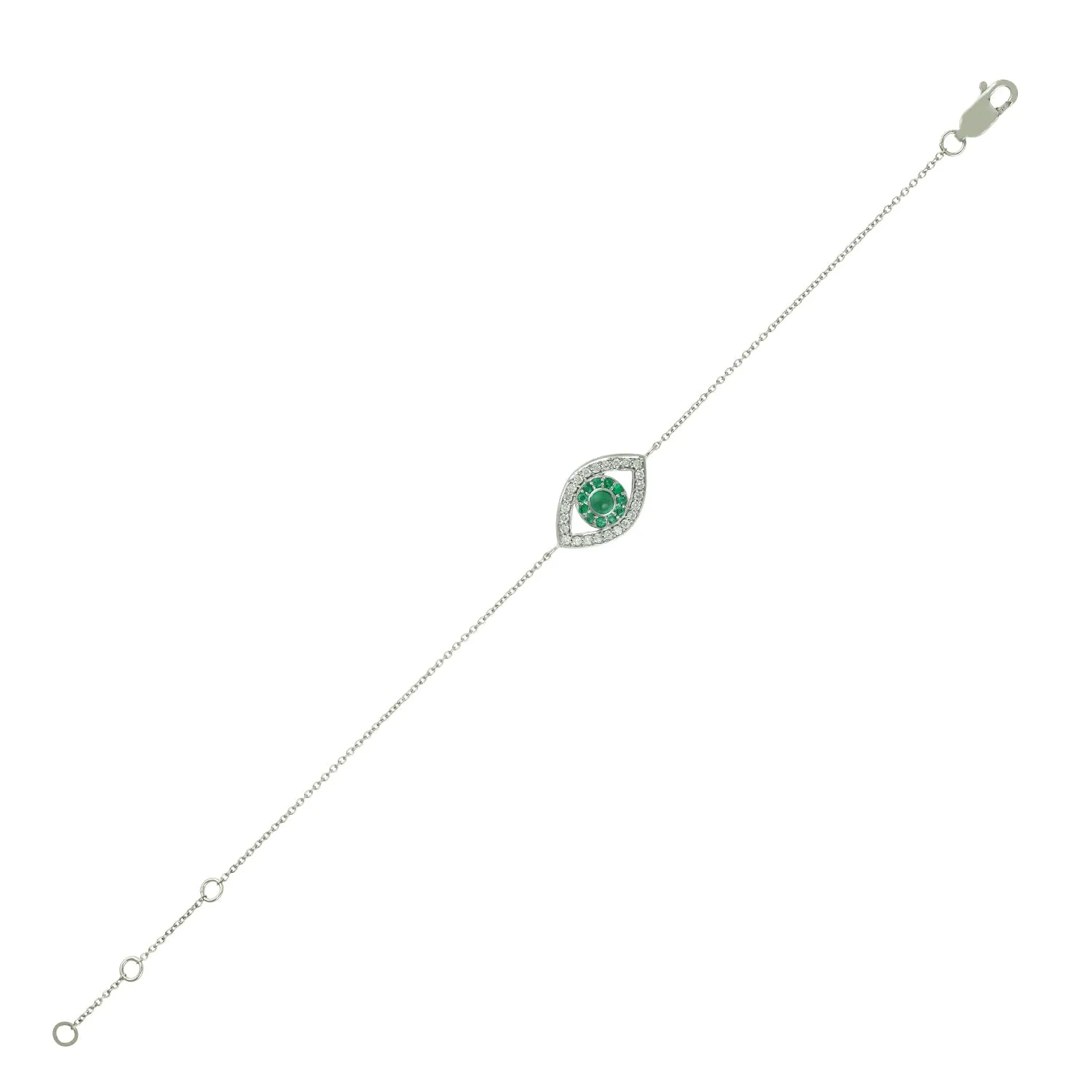 14K White Gold Pave Diamond Emerald Evil Eye Fixed And Flexible Bracelet