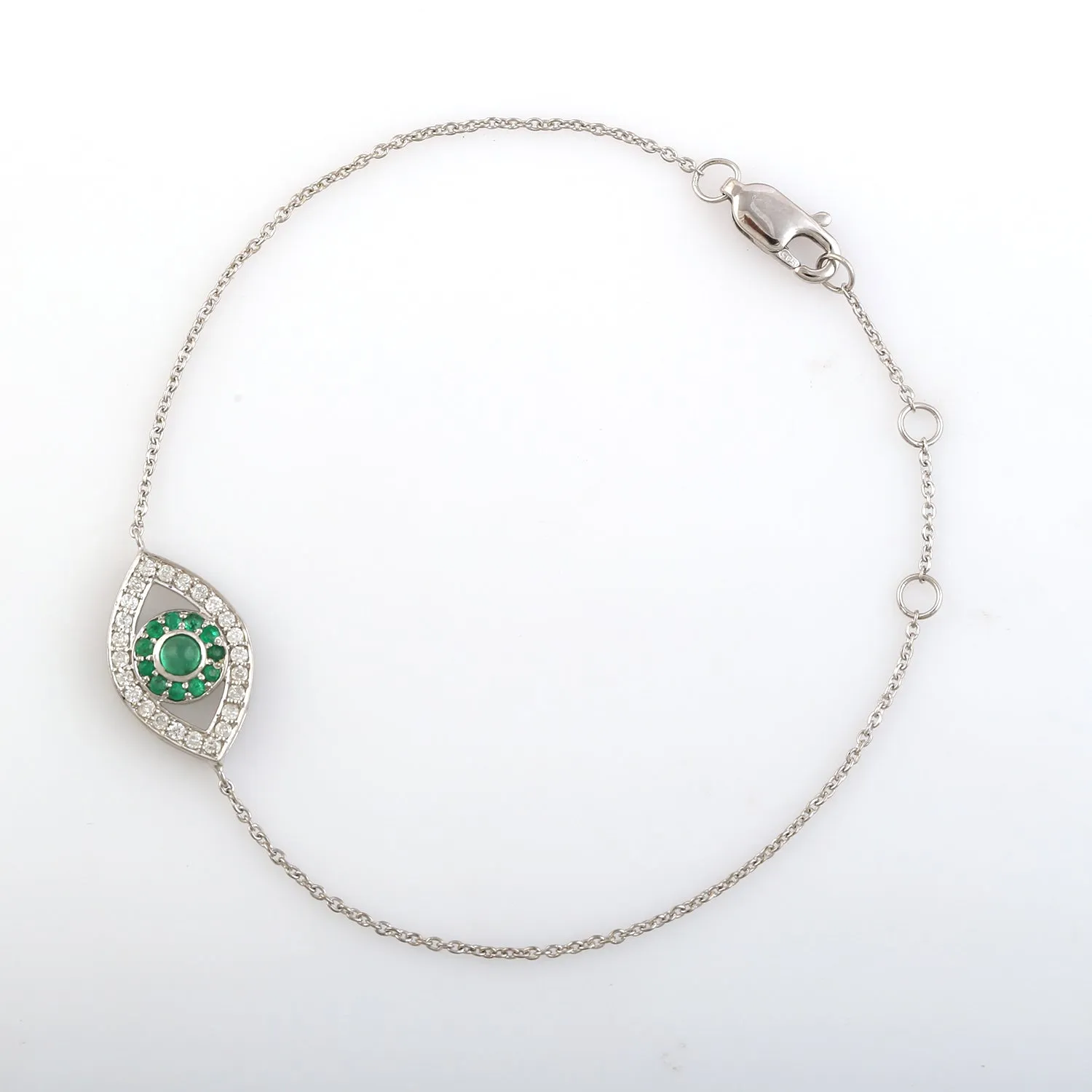 14K White Gold Pave Diamond Emerald Evil Eye Fixed And Flexible Bracelet