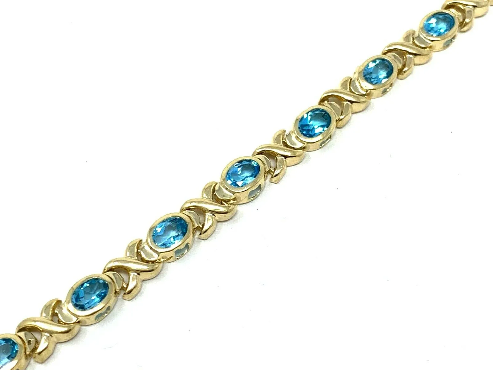 14k Yellow Gold Blue Topaz X Criss Cross Bracelet 7.25" 6.7mm 14.5 grams