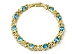 14k Yellow Gold Blue Topaz X Criss Cross Bracelet 7.25" 6.7mm 14.5 grams