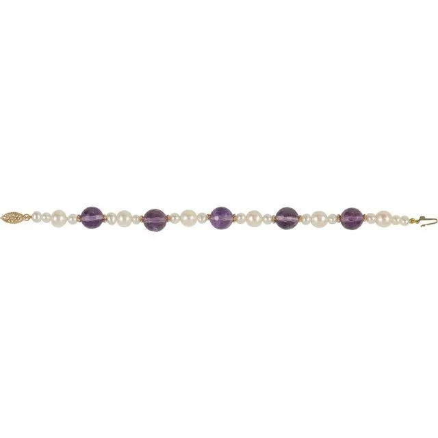 14K Yellow Gold Freshwater Cultured Pearl & Amethyst 7.5" Bracelet