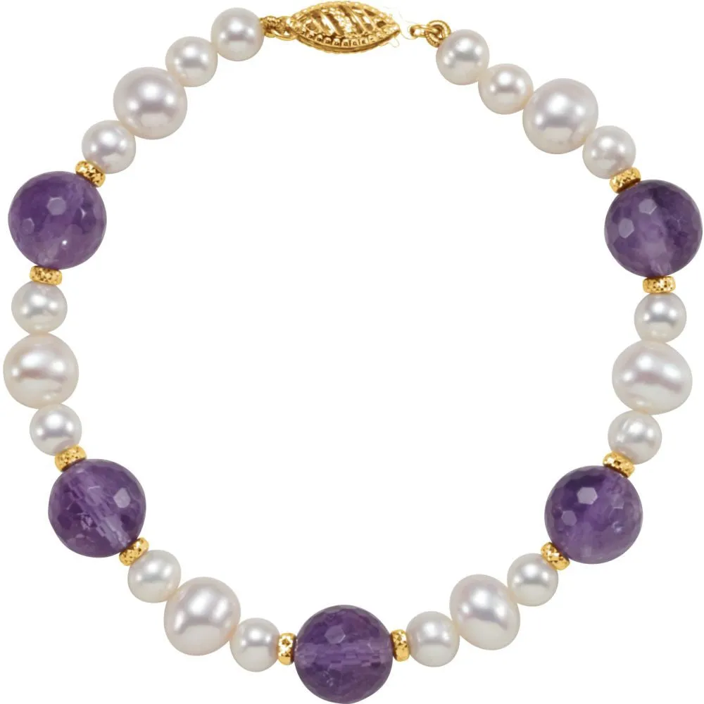 14k Yellow Gold Freshwater Cultured Pearl & Amethyst 7.5" Bracelet