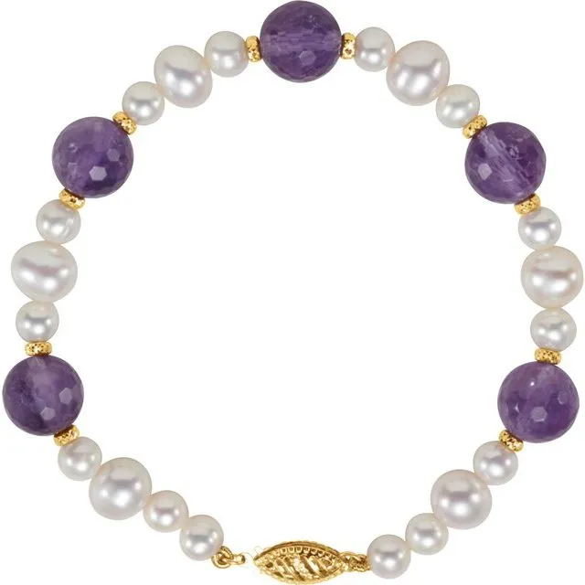14K Yellow Gold Freshwater Cultured Pearl & Amethyst 7.5" Bracelet