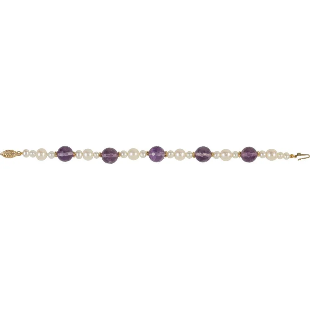 14k Yellow Gold Freshwater Cultured Pearl & Amethyst 7.5" Bracelet
