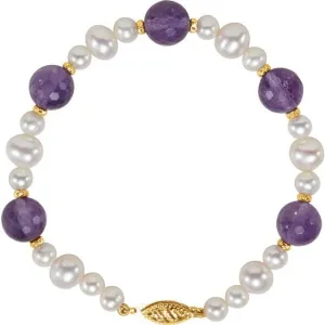 14K Yellow Gold Freshwater Cultured Pearl & Amethyst 7.5" Bracelet