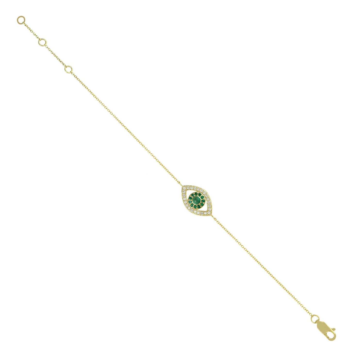 14K Yellow Gold Prong Set Emerald Pave Diamond Evil Eye Fixed And Flexible Bracelet