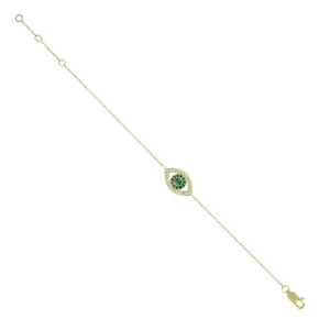 14K Yellow Gold Prong Set Emerald Pave Diamond Evil Eye Fixed And Flexible Bracelet