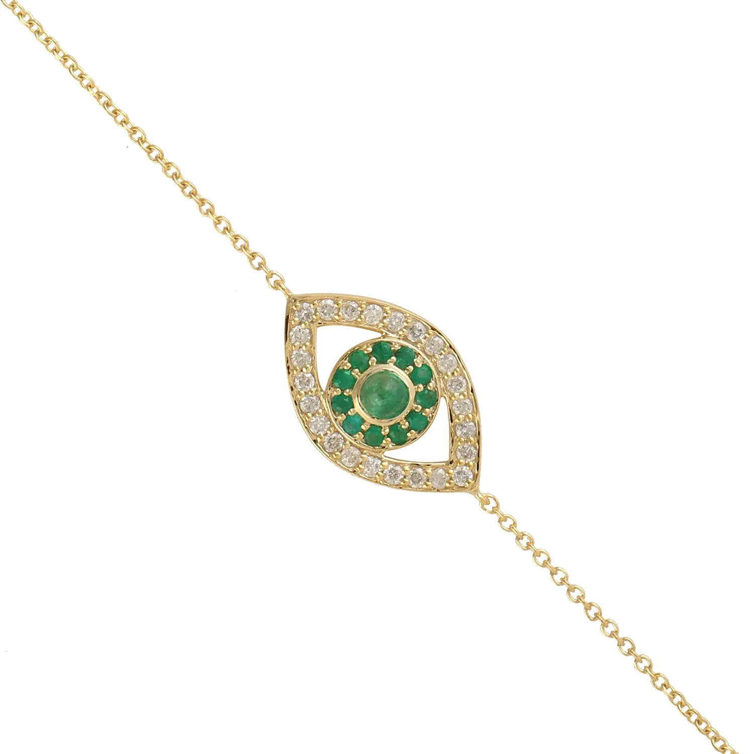14K Yellow Gold Prong Set Emerald Pave Diamond Evil Eye Fixed And Flexible Bracelet