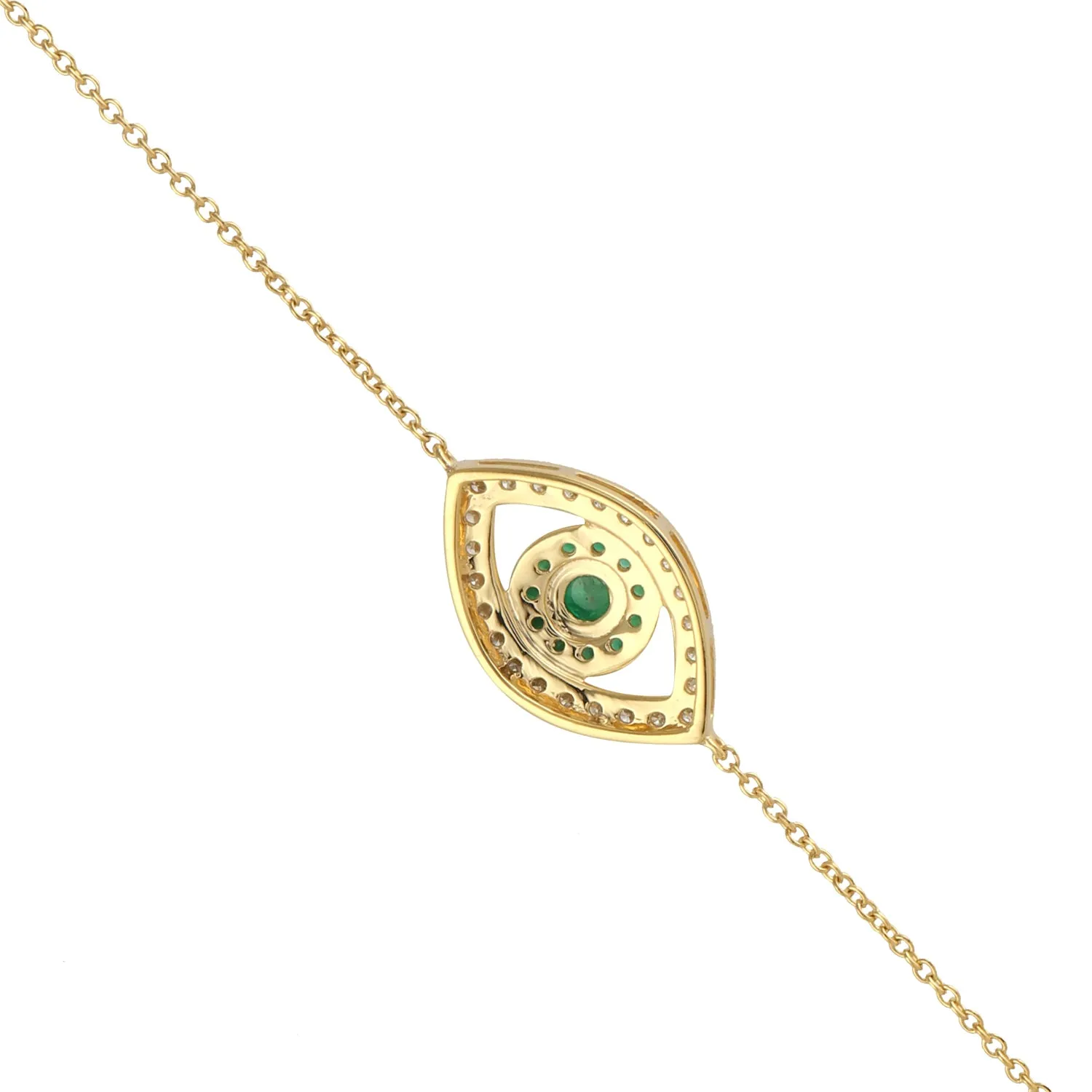 14K Yellow Gold Prong Set Emerald Pave Diamond Evil Eye Fixed And Flexible Bracelet