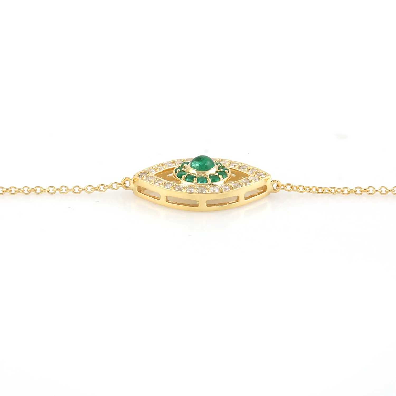 14K Yellow Gold Prong Set Emerald Pave Diamond Evil Eye Fixed And Flexible Bracelet