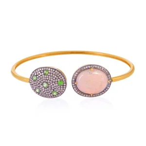 14K Yellow Gold Silver Oval Cut Opal Ethiopian Tsavorite Pave Diamond Open Cuff Bracelet