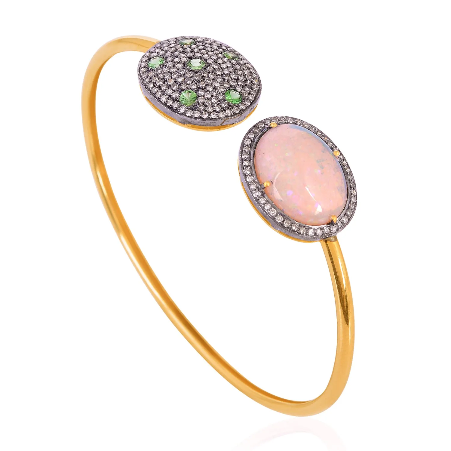 14K Yellow Gold Silver Oval Cut Opal Ethiopian Tsavorite Pave Diamond Open Cuff Bracelet