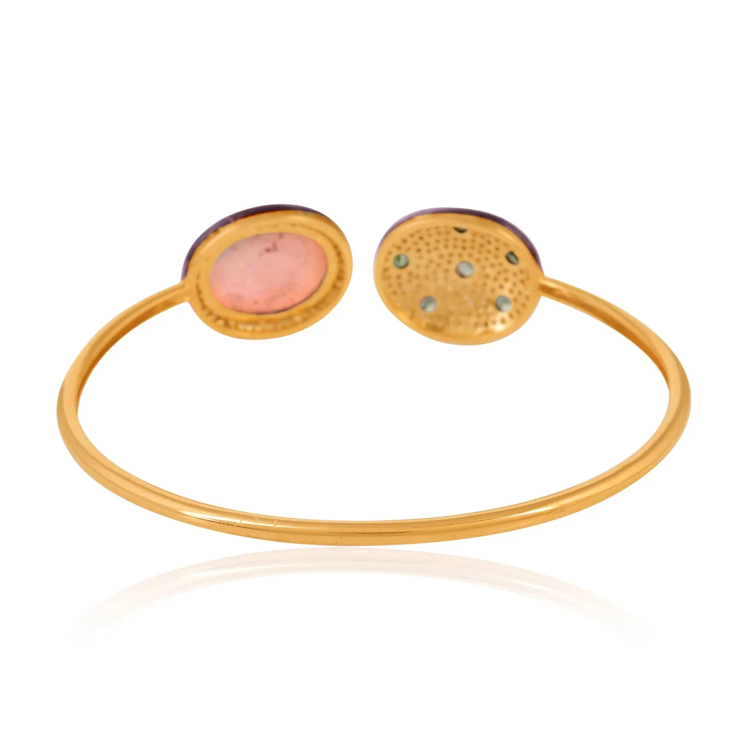 14K Yellow Gold Silver Oval Cut Opal Ethiopian Tsavorite Pave Diamond Open Cuff Bracelet