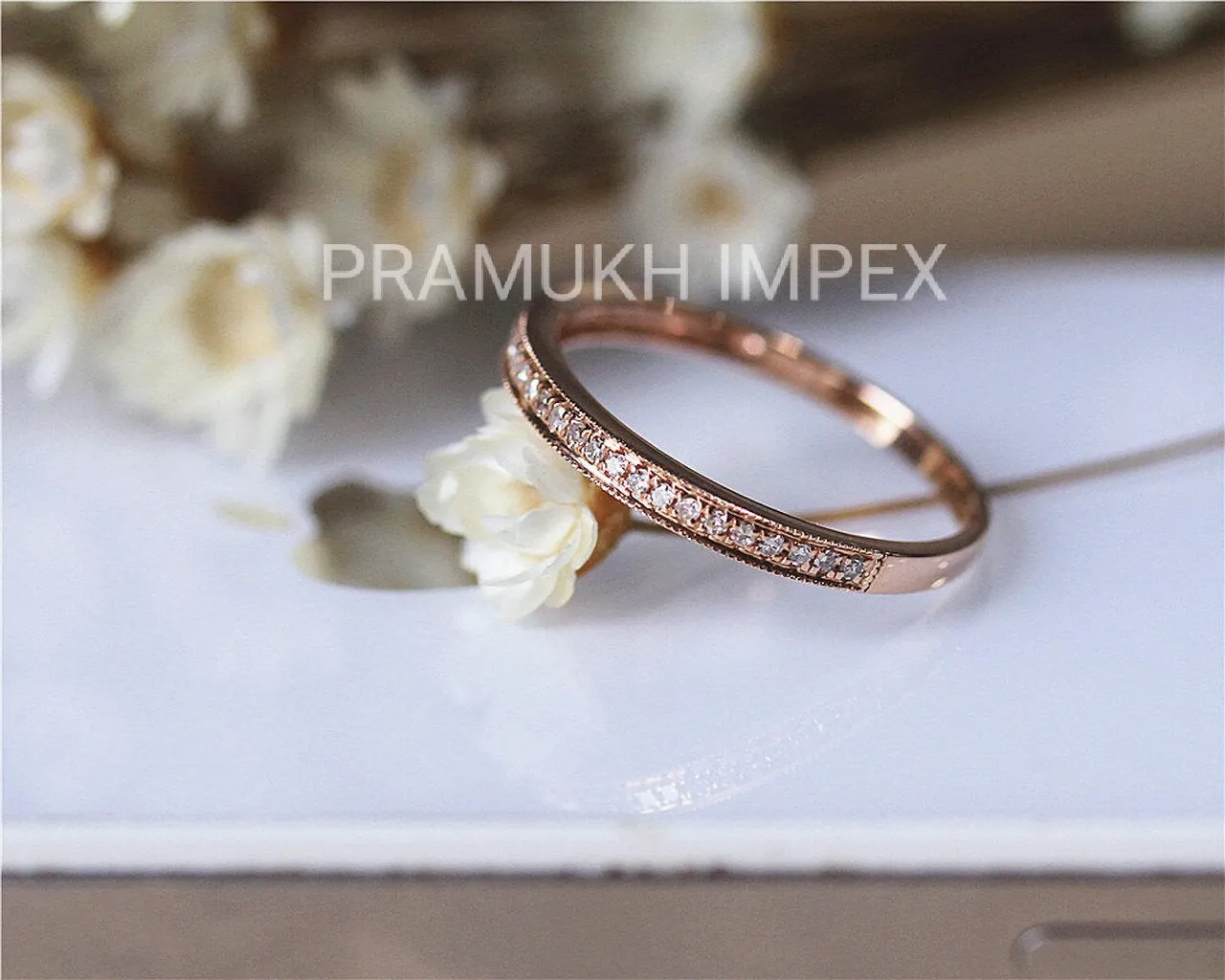 1.50MM Round Colorless Wedding Band women , Half Eternity Wedding Band , Solid 14K Rose Gold Shared , Anniversary Band