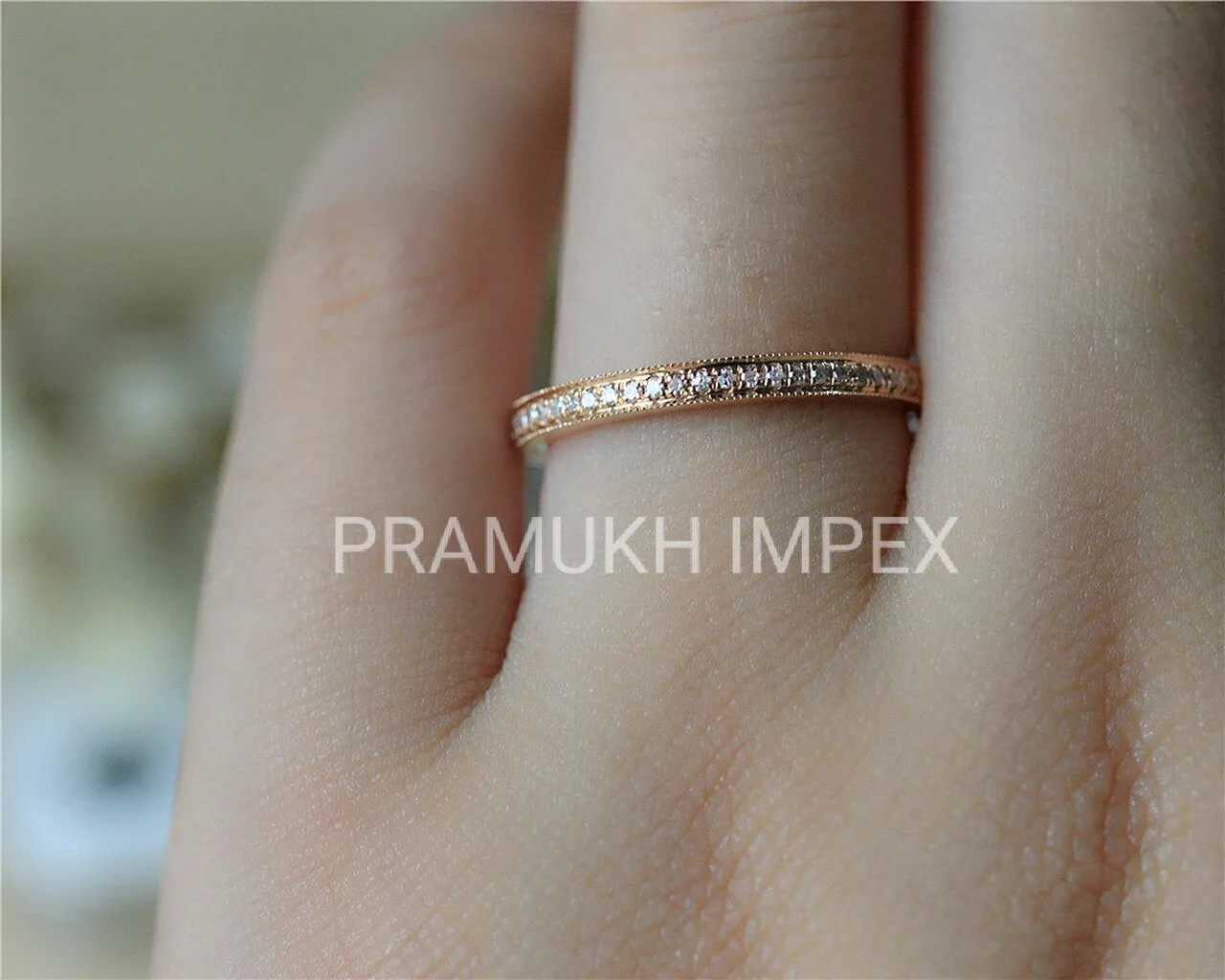 1.50MM Round Colorless Wedding Band women , Half Eternity Wedding Band , Solid 14K Rose Gold Shared , Anniversary Band