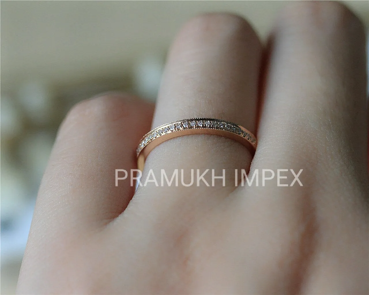 1.50MM Round Colorless Wedding Band women , Half Eternity Wedding Band , Solid 14K Rose Gold Shared , Anniversary Band