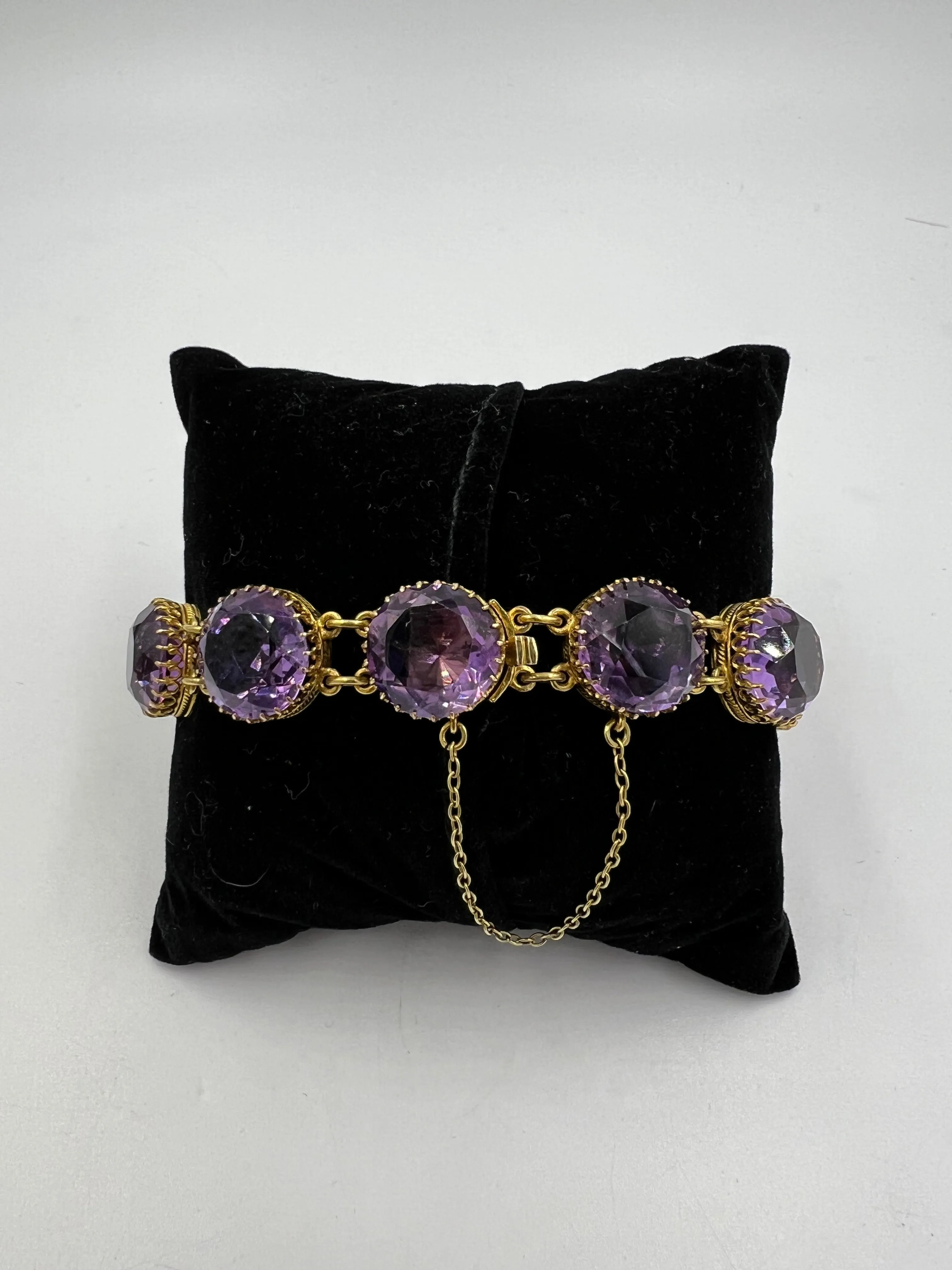 1890s Victorian Round Amethyst Gold Line Bracelet