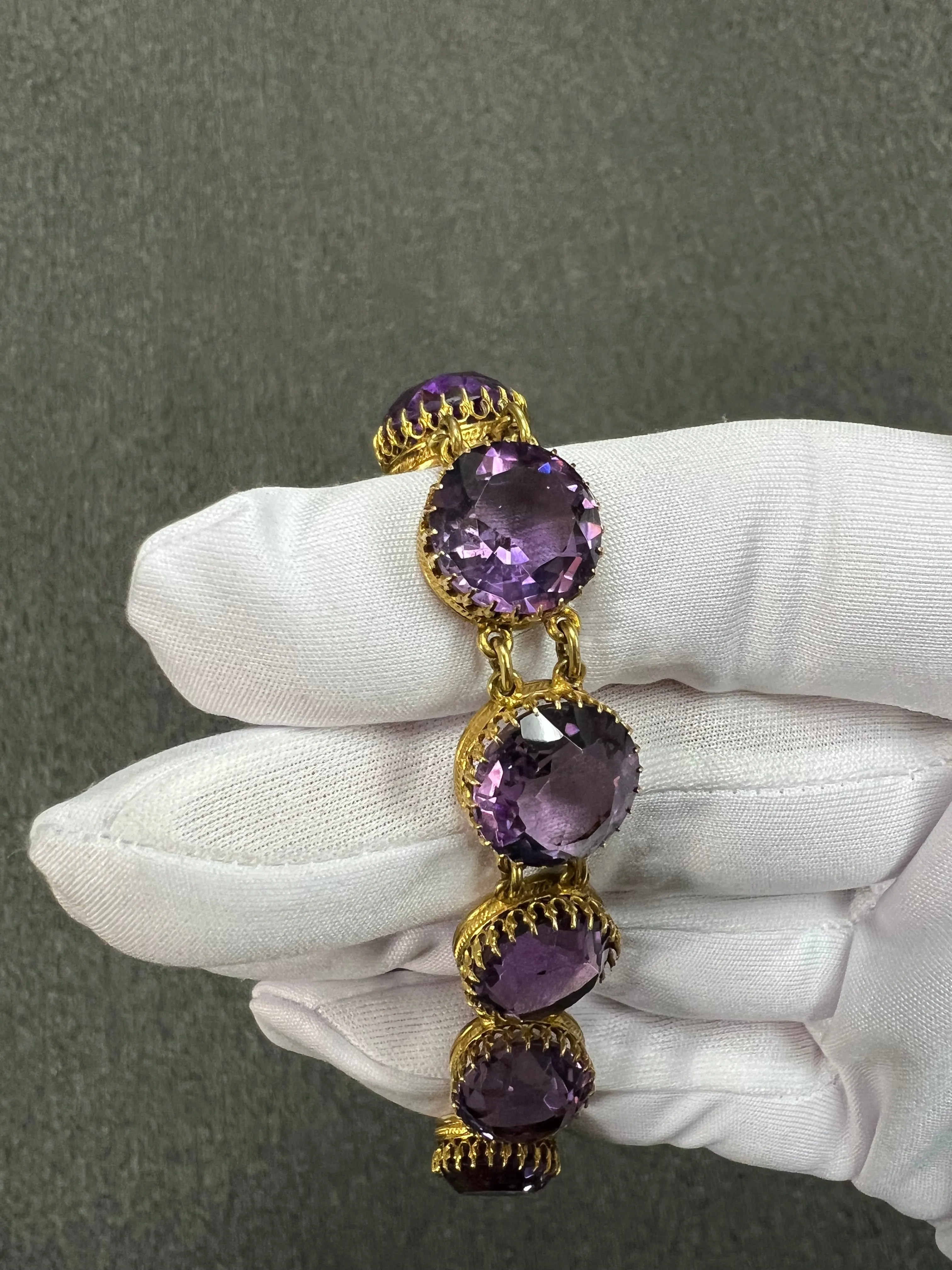 1890s Victorian Round Amethyst Gold Line Bracelet