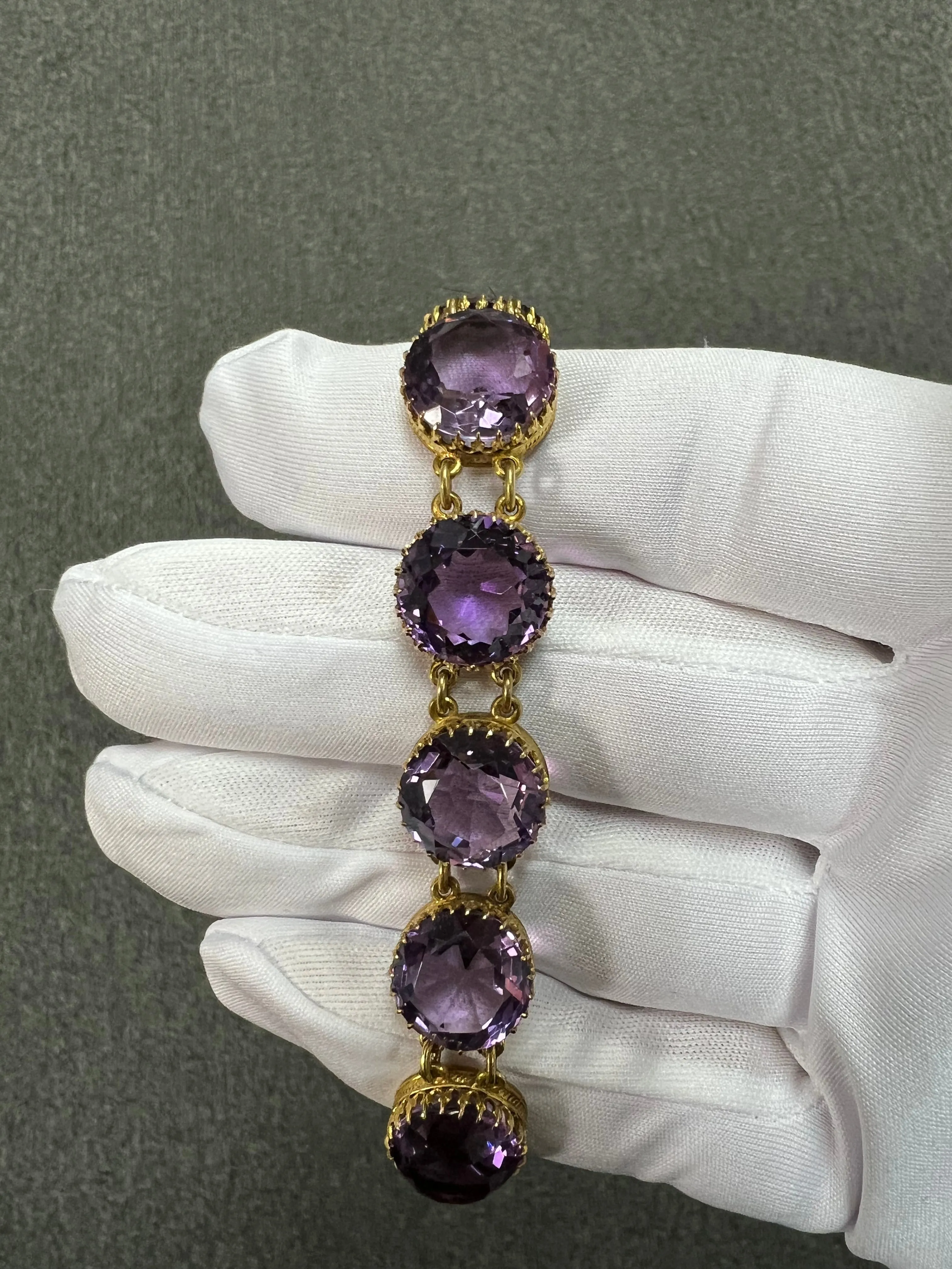 1890s Victorian Round Amethyst Gold Line Bracelet