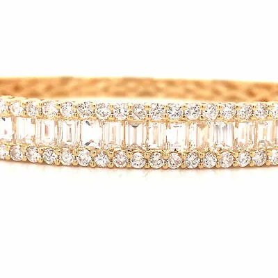 18K Emerald and Round Diamond Bangle Bracelet Yellow Gold