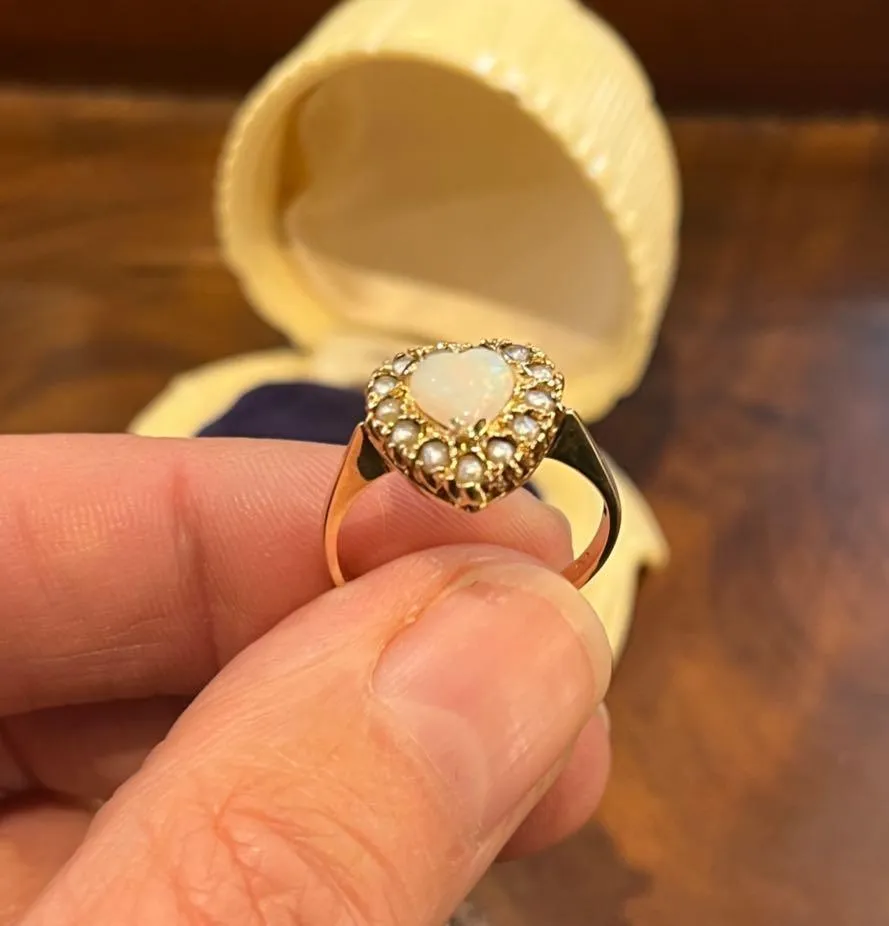 1930s Solid Opal and Pearl Heart Ring