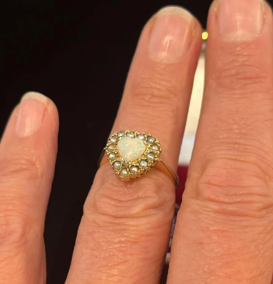 1930s Solid Opal and Pearl Heart Ring