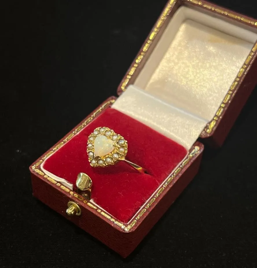 1930s Solid Opal and Pearl Heart Ring