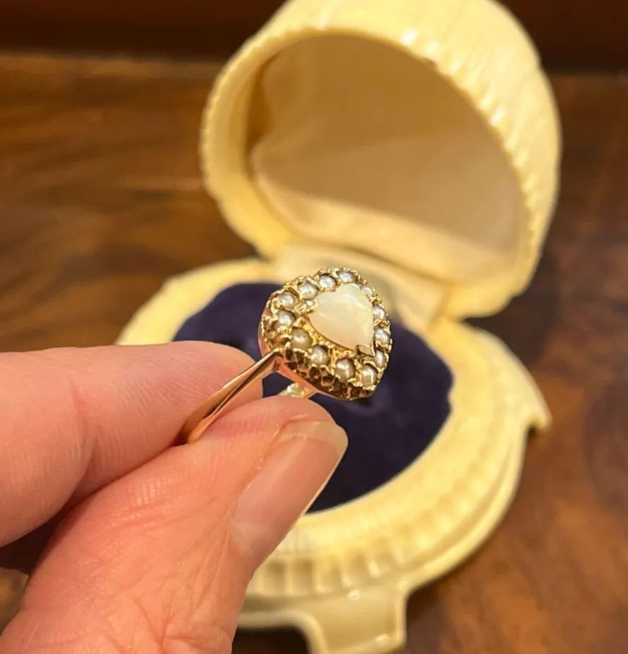 1930s Solid Opal and Pearl Heart Ring