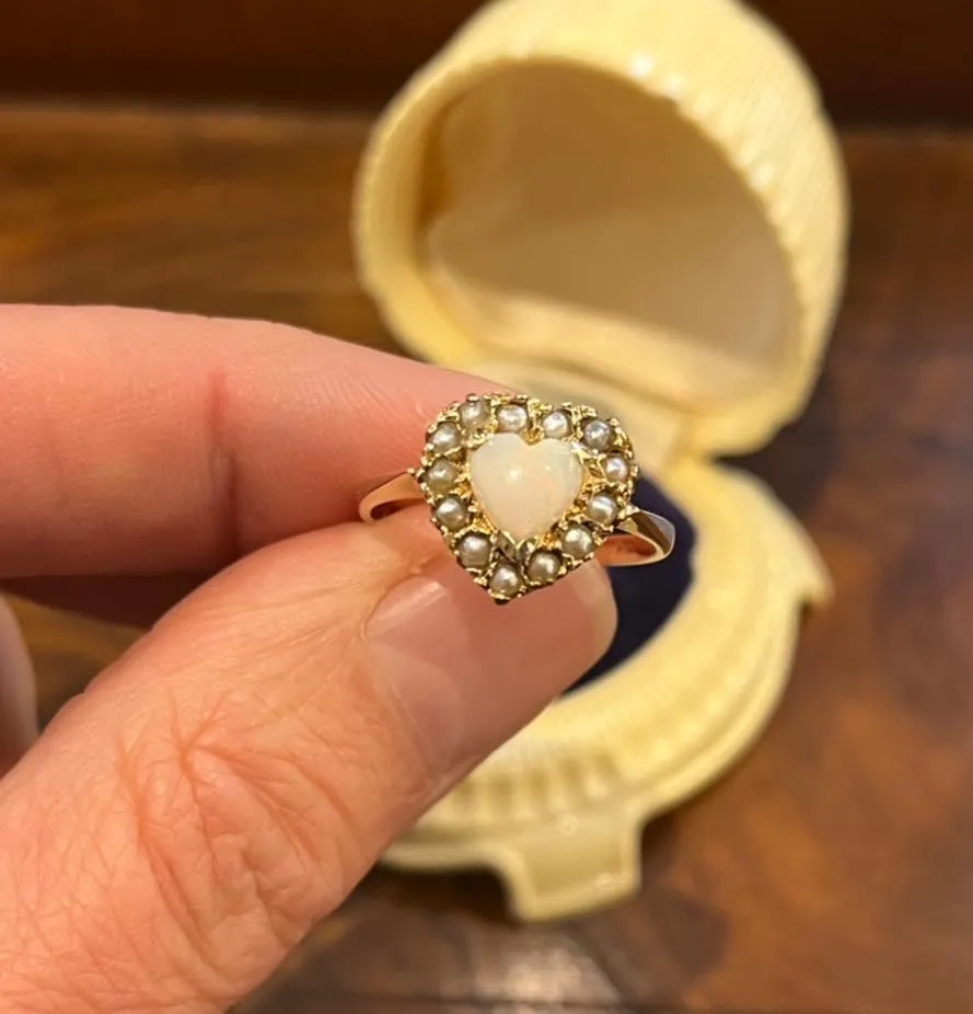 1930s Solid Opal and Pearl Heart Ring