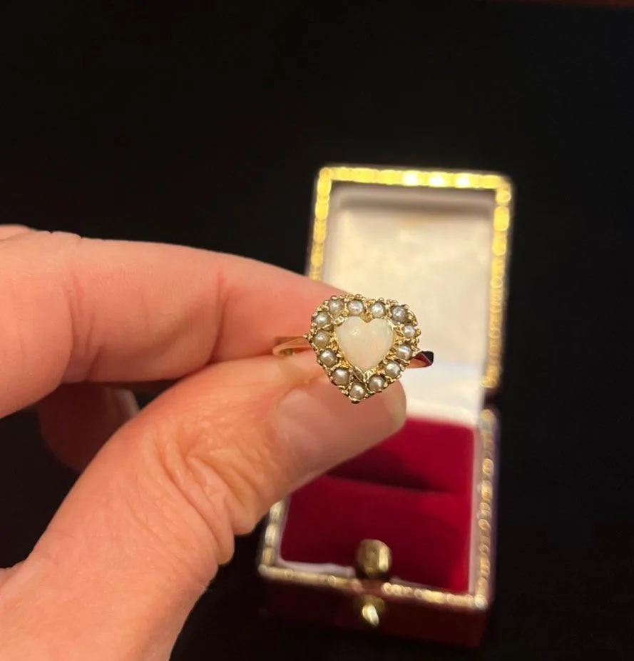 1930s Solid Opal and Pearl Heart Ring