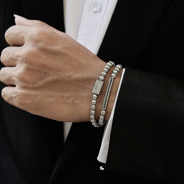 2 Pcs Crown Charm Long Tube Men Bracelet Pave CZ