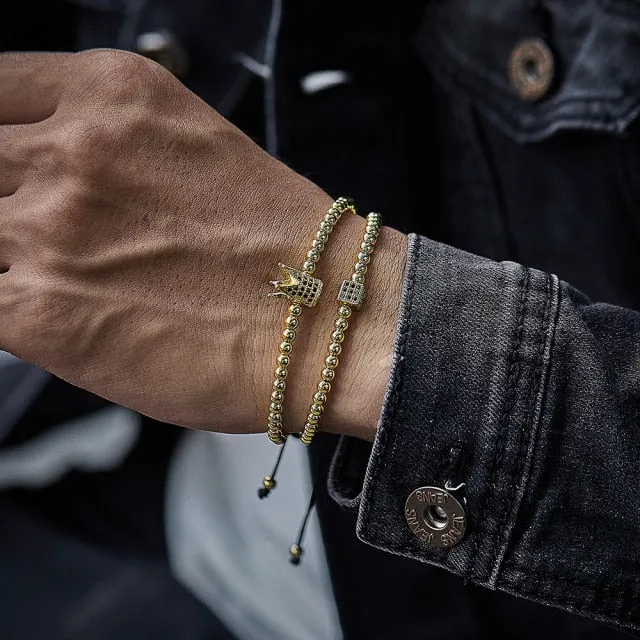 2 Pcs Crown Charm Long Tube Men Bracelet Pave CZ