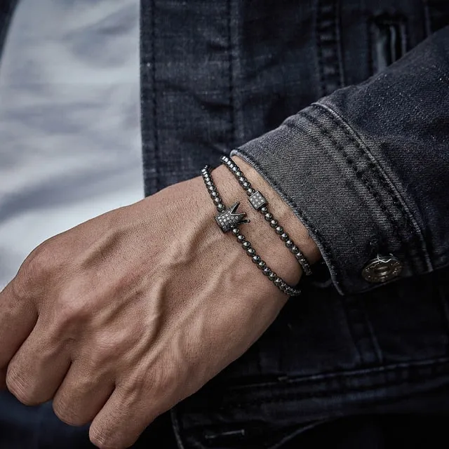 2 Pcs Crown Charm Long Tube Men Bracelet Pave CZ