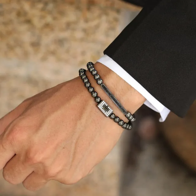 2 Pcs Crown Charm Long Tube Men Bracelet Pave CZ