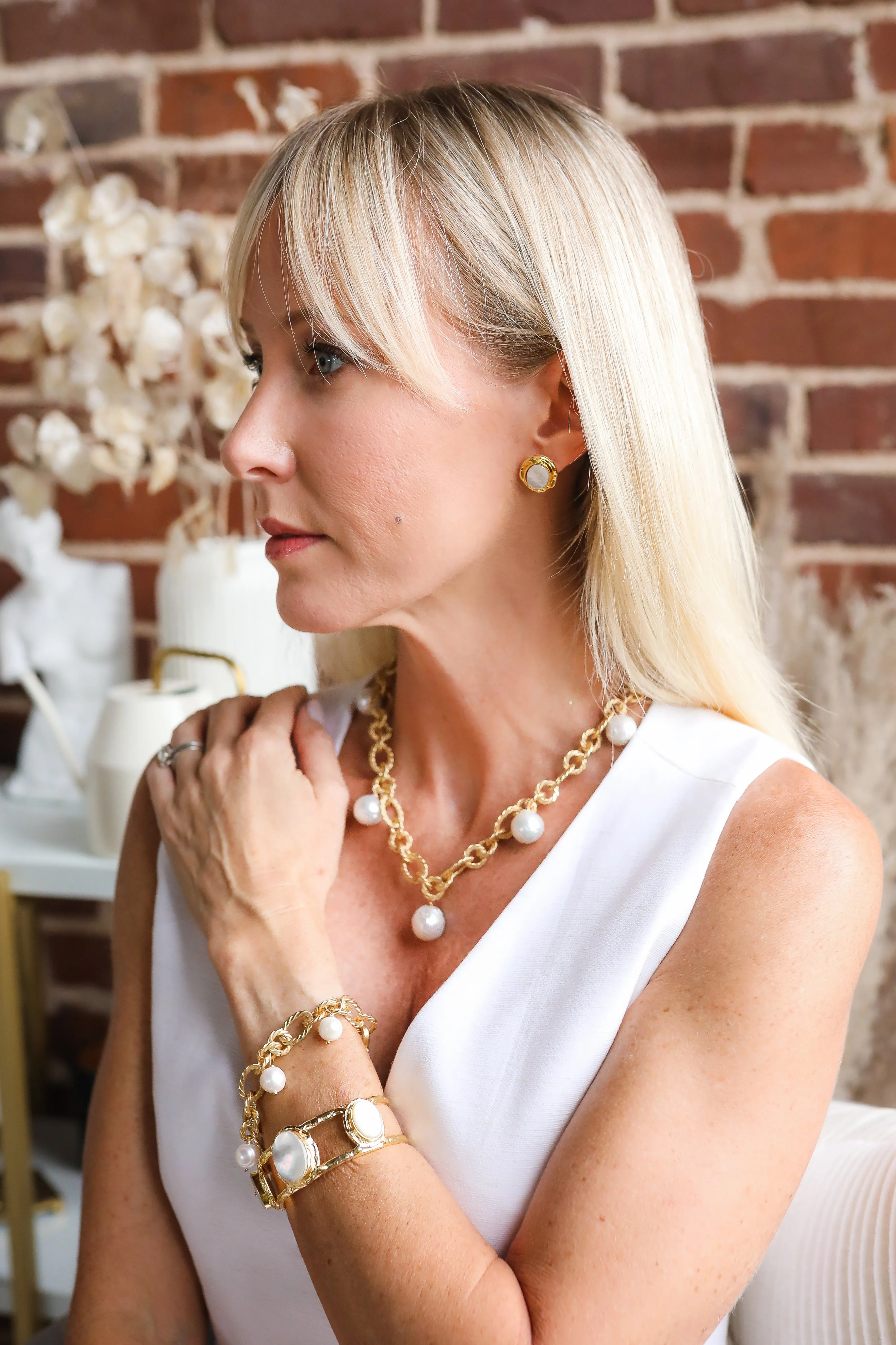 254-MOP-G | 3 STONE MOTHER OF PEARL QUARTZ CUFF ON GOLD