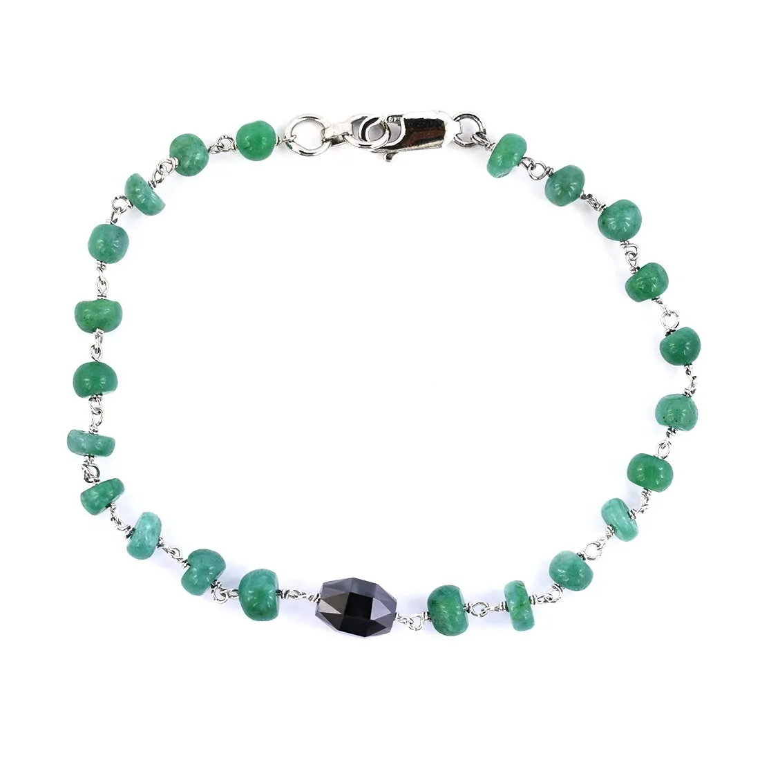 25.70 Ct Cabochon Emerald Chain Bracelet With Black Diamond Bead