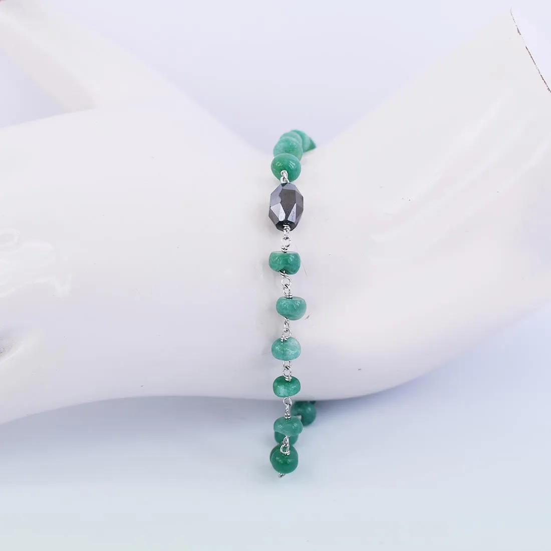 25.70 Ct Cabochon Emerald Chain Bracelet With Black Diamond Bead