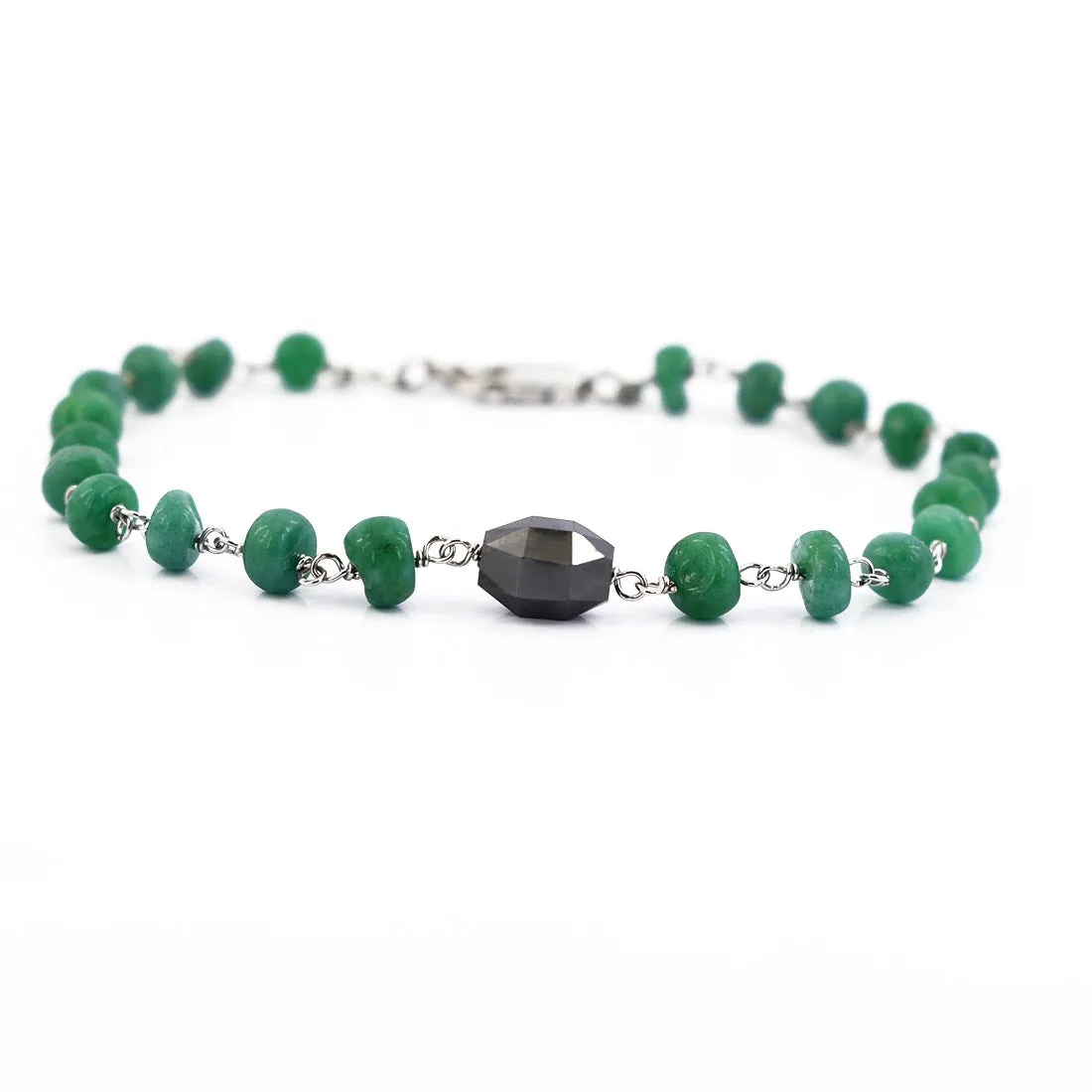 25.70 Ct Cabochon Emerald Chain Bracelet With Black Diamond Bead